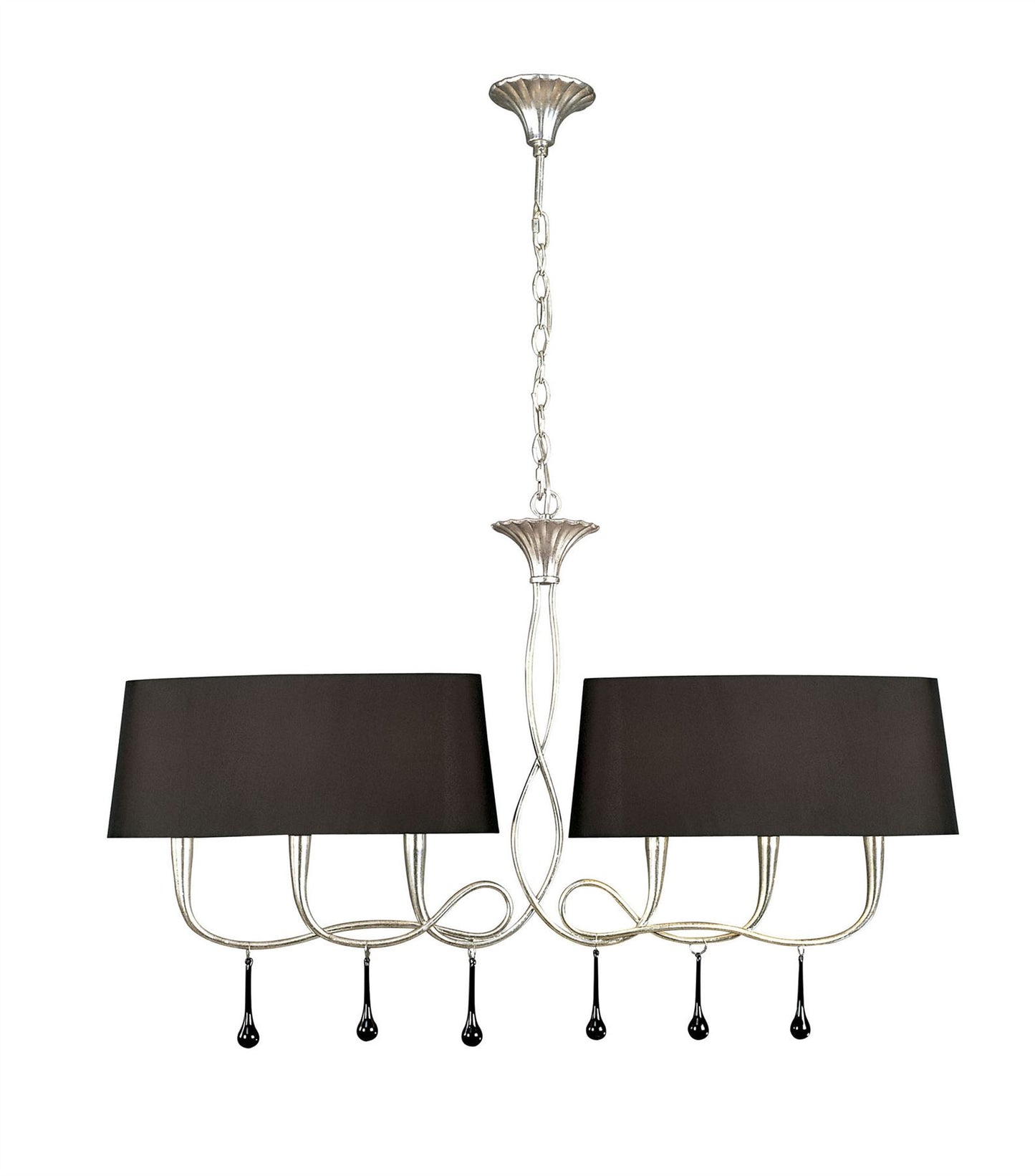 Mantra M0531 Paola Linear Pendant 2 Arm 6 Light E14, Silver Painted with Black Shades & Black Glass Droplets