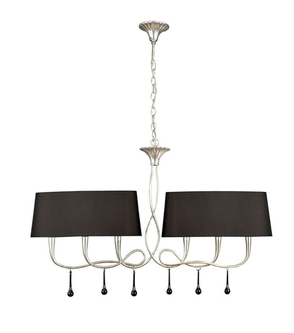 Mantra M0531 Paola Linear Pendant 2 Arm 6 Light E14, Silver Painted with Black Shades & Black Glass Droplets