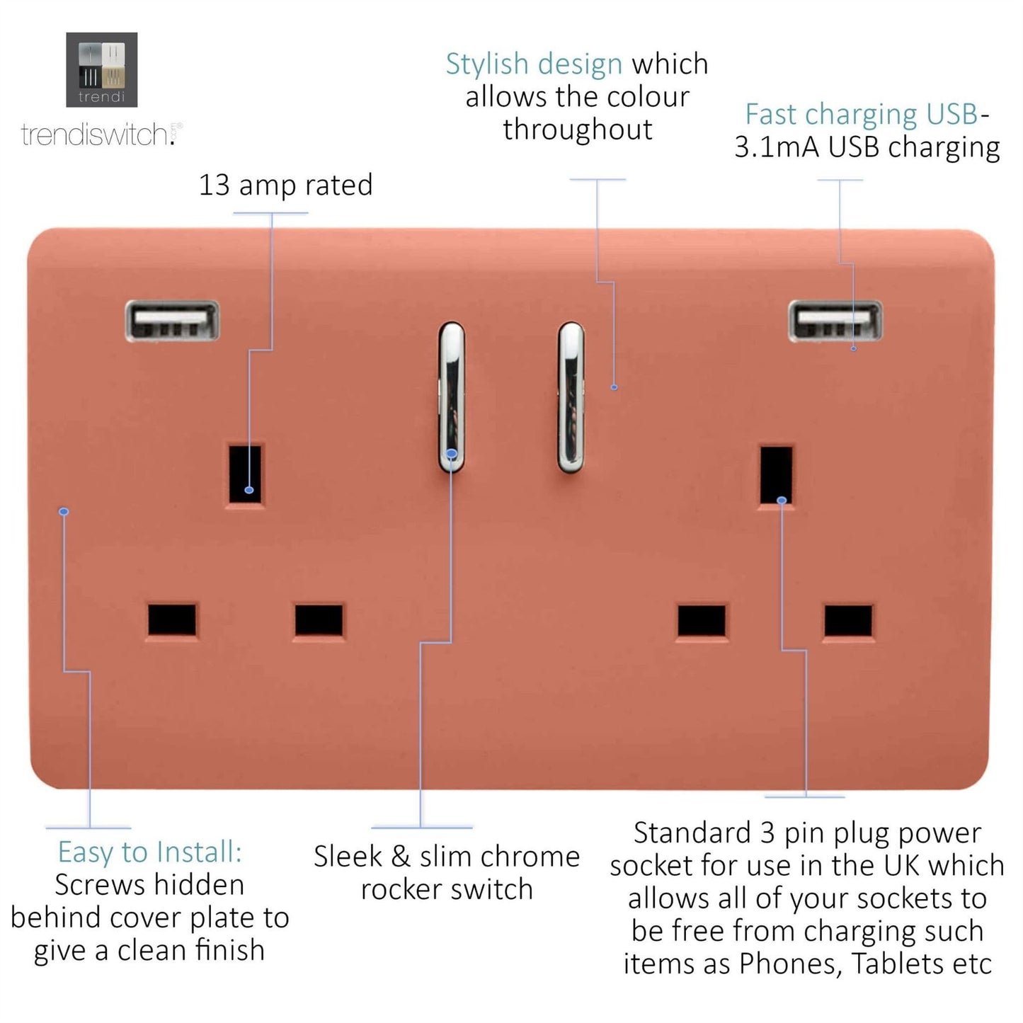 Trendi 2 Gang Artistic Modern Glossy 13 Amp 2 x 3.1mA USB Switched Plug Socket Copper