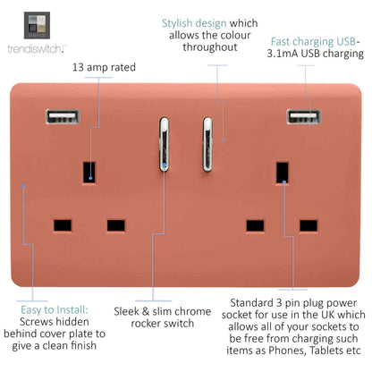 Trendi 2 Gang Artistic Modern Glossy 13 Amp 2 x 3.1mA USB Switched Plug Socket Copper