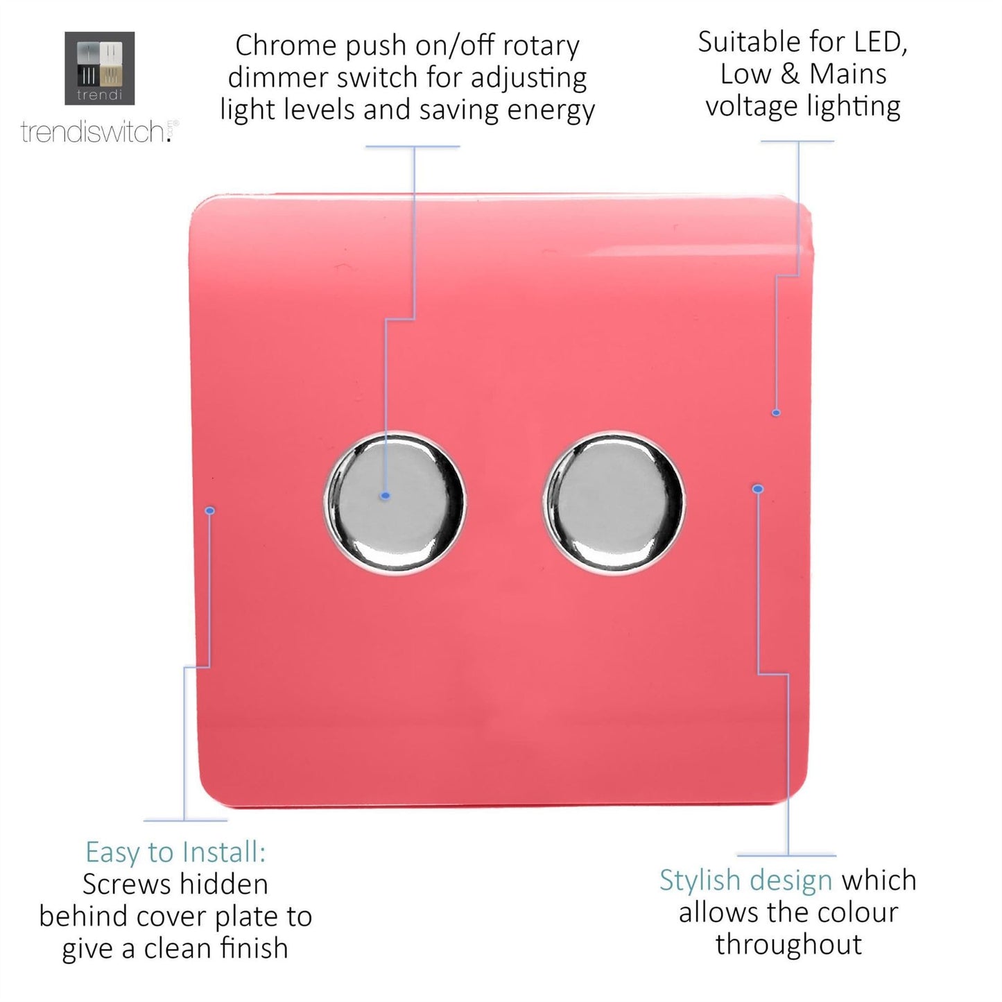 Trendi 2 Gang 2 Way 240V 100w LED Dimmer Screwless Raised Front Plate Plastic Artistic Modern Glossy 10 Amp Chrome Single Electrical Wall Light Switch in Strawberry - ART-2LDMSB