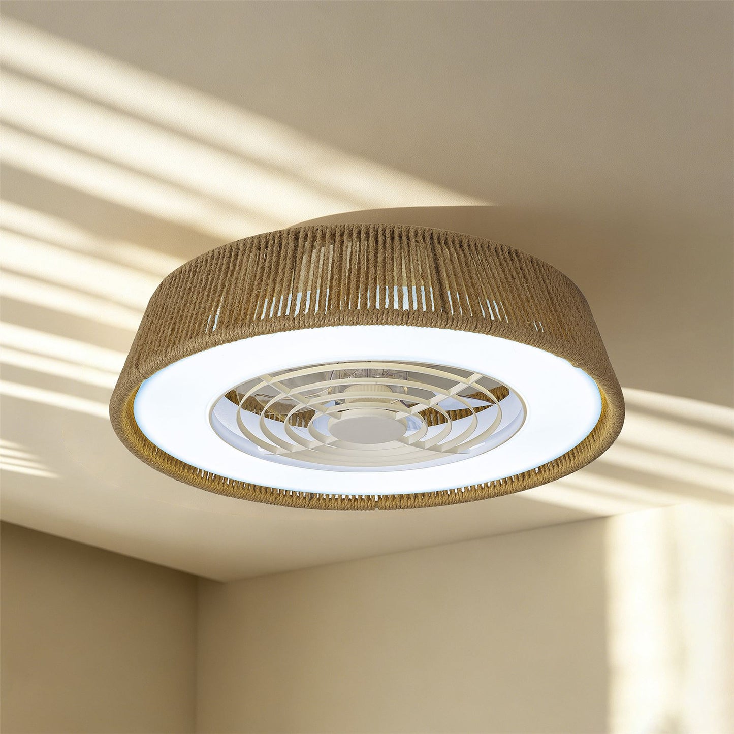 Polinesia Rope 57.5cm 55W LED Dimmable Ceiling Light With Built-In 25W DC Reversible Fan, Beige Oscu, 3800lm, 5yrs Warranty