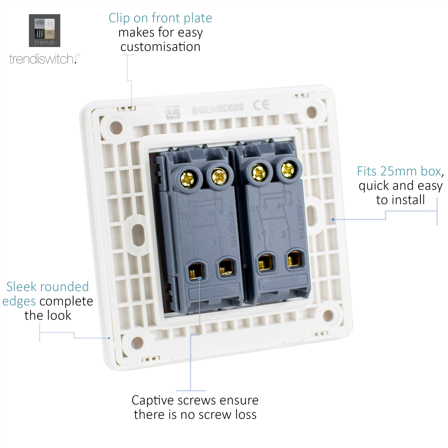 Trendi 2 Gang 3 Way Intermediate Artistic Modern Glossy 10 Amp Rocker Light Switch Piano Black