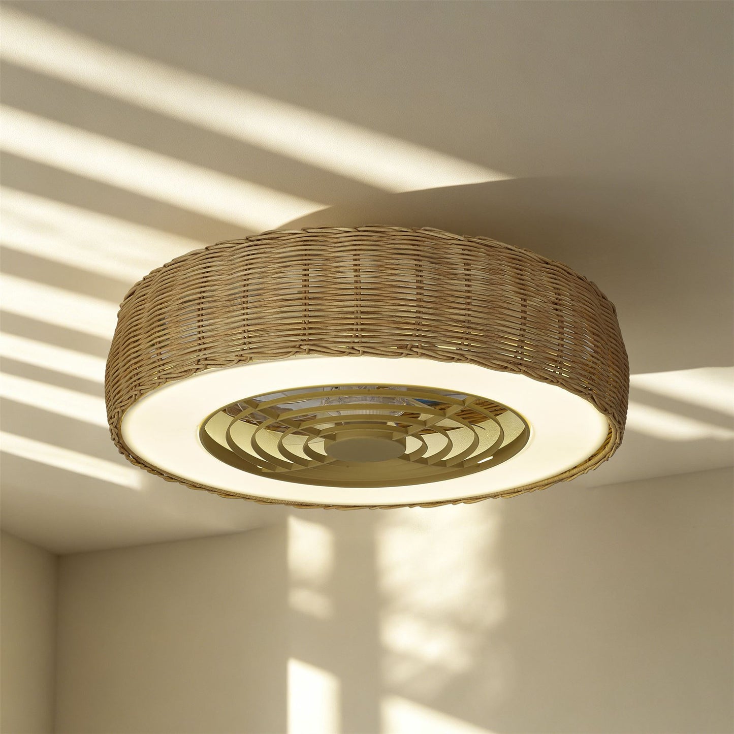 Kilimanjaro Mini 58cm 55W LED Dimmable Ceiling Light With 25W DC Reversible Fan, 3800lm, Beige Rattan, 5yrs Warranty