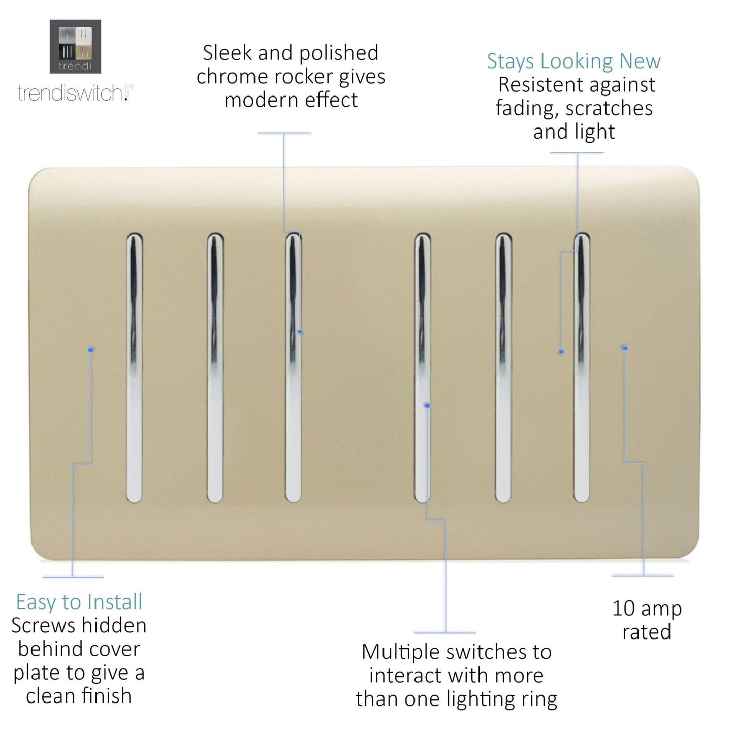 Trendi  6 Gang 2 Way Rocker Gold Double Plate Light Switch in Gold - ART-SS66GO