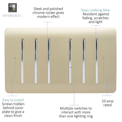 Trendi  6 Gang 2 Way Rocker Gold Double Plate Light Switch in Gold - ART-SS66GO