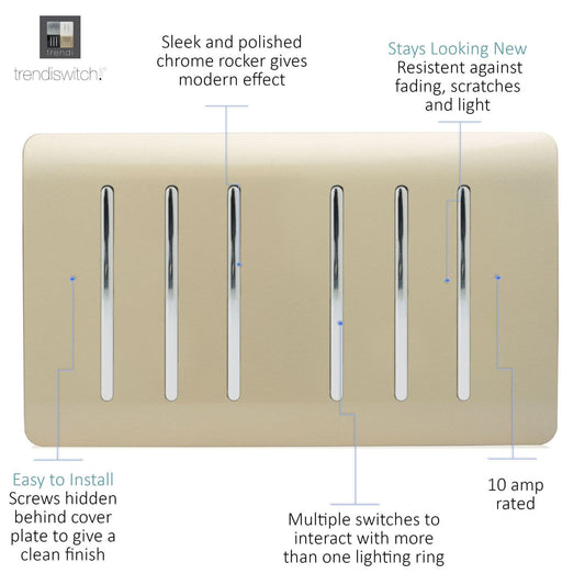 Trendi  6 Gang 2 Way Rocker Gold Double Plate Light Switch in Gold - ART-SS66GO