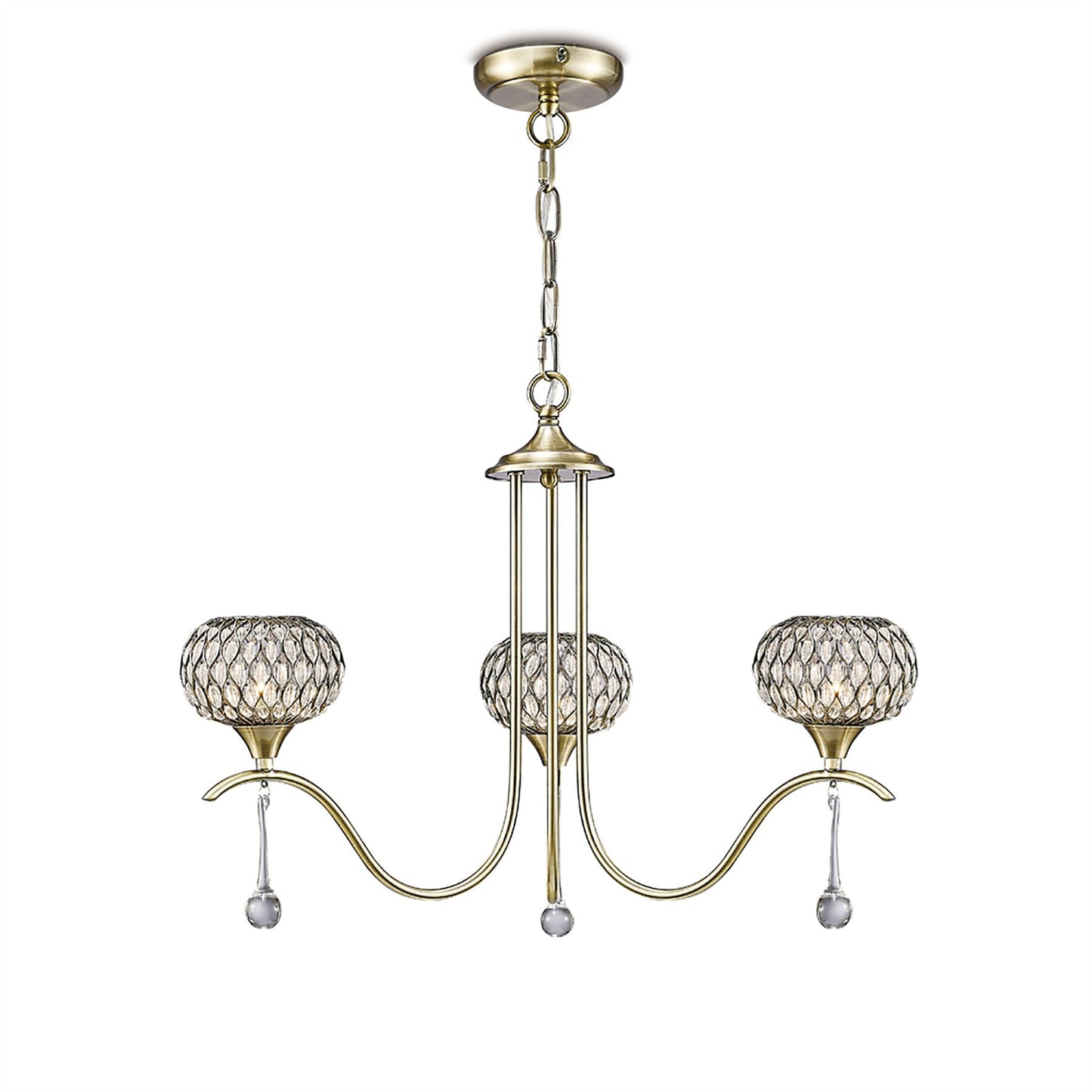 Diyas Chelsie 56cm  3 Light G9 Antique Brass/Clear Beaded Glass Ceiling Pendant Light Fitting