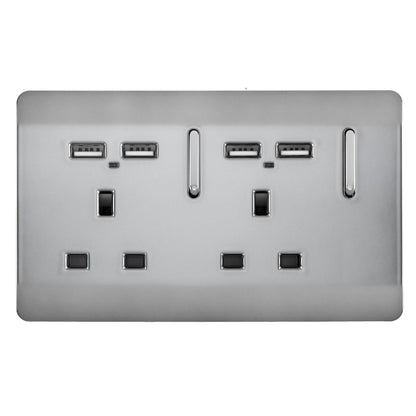 Trendi 2 Gang Artistic Modern 13 Amp 4 x 2.1mA USB Switched Tactile Plug Socket Stainless Steel