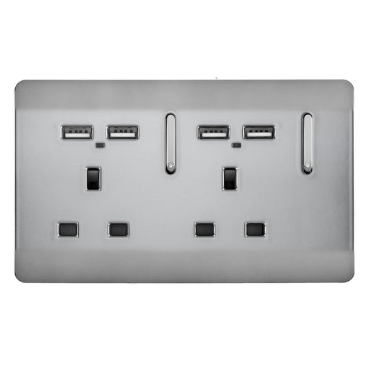 Trendi 2 Gang Artistic Modern 13 Amp 4 x 2.1mA USB Switched Tactile Plug Socket Stainless Steel