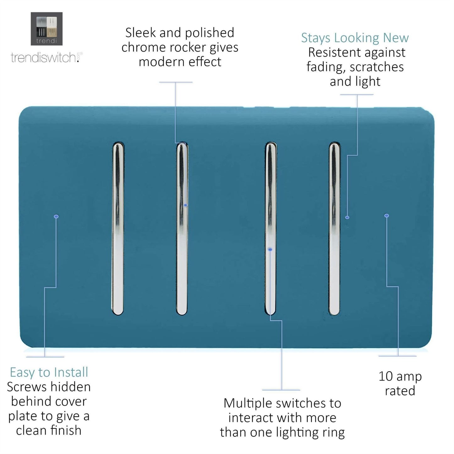 Trendi 4 Gang 3 Way Intermediate Artistic Modern Glossy 10 Amp Rocker Light Switch Ocean Blue
