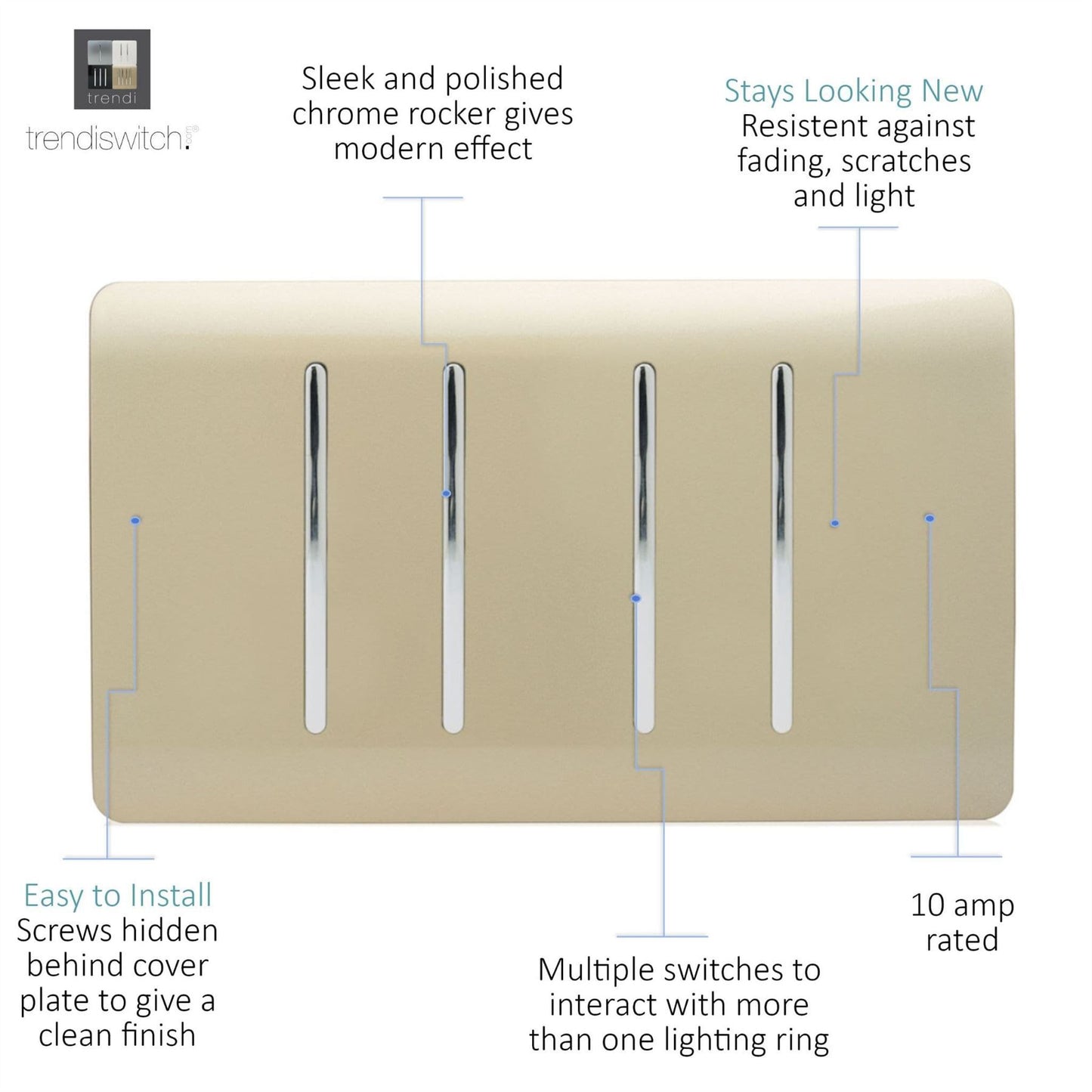 Trendi 4 Gang (2 Way & 1x Intermediate) Glossy 10 Amp Rocker Light Switch Gold