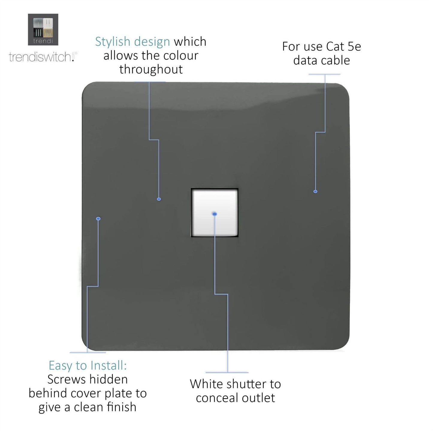 Trendi Artistic Modern Glossy Tactile RJ45 Cat 5e Ethernet Socket Charcoal