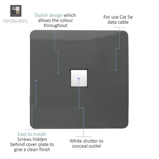 Trendi Artistic Modern Glossy Tactile RJ45 Cat 5e Ethernet Socket Charcoal