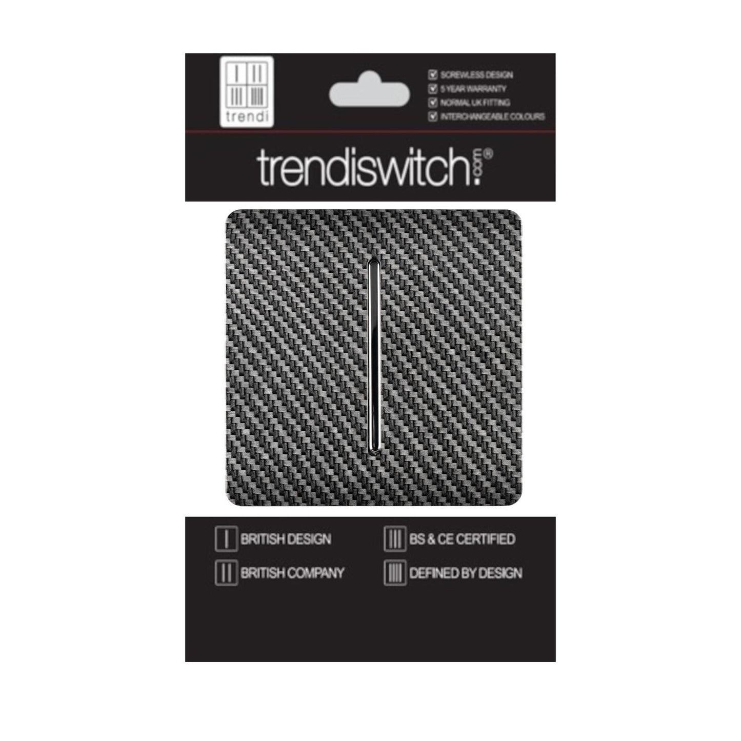 Trendi 1 Gang 2 Way 240V Screwless Artistic Modern Glossy 10 Amp Chrome Rocker Electrical Wall Light Switch in Carbon Fibre (3 pack)