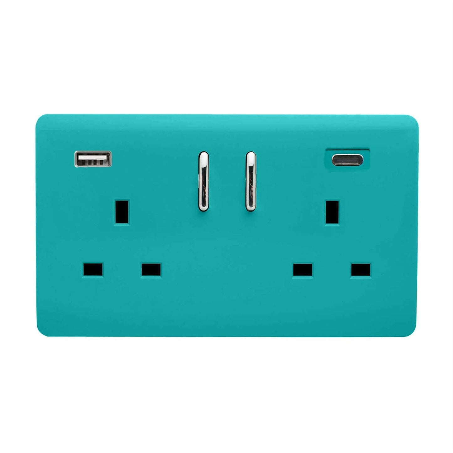 Trendi 2 Gang Artistic Modern Glossy 13 Amp 2 x Type A & C 3100 mA USB Switched Plug Socket Bright Teal