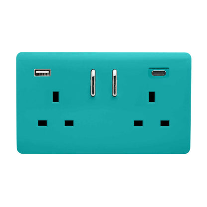 Trendi 2 Gang Artistic Modern Glossy 13 Amp 2 x Type A & C 3100 mA USB Switched Plug Socket Bright Teal