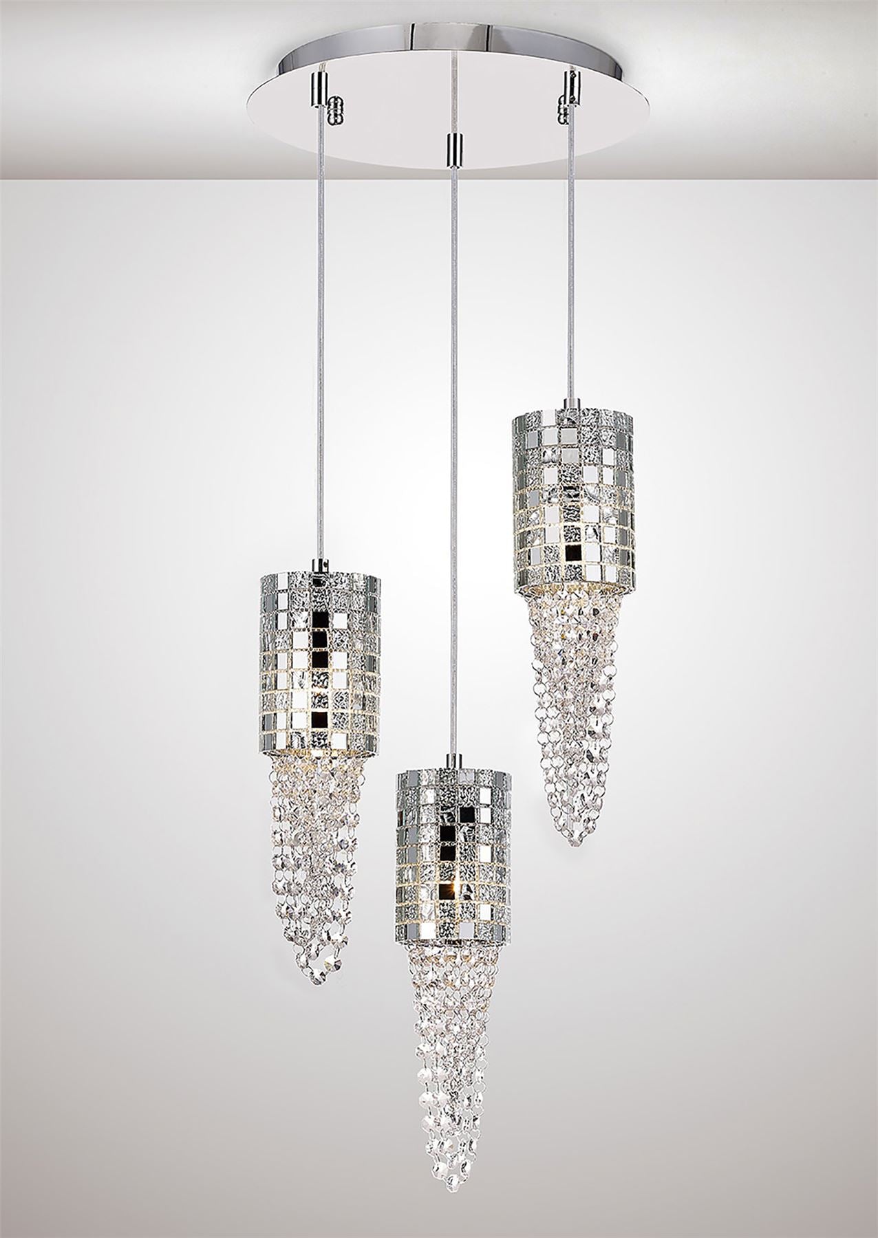 Diyas Camden 35cm  3 Light G9 Round Polished Chrome/Mosaic Glass/Crystal Ceiling Pendant Light Fitting