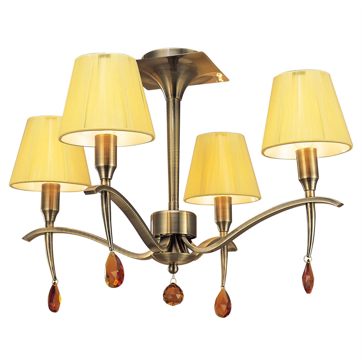Mantra Siena 55cm Semi Flush Round 4 Light E14, Antique Brass with Amber Cream Shades and Amber Crystal