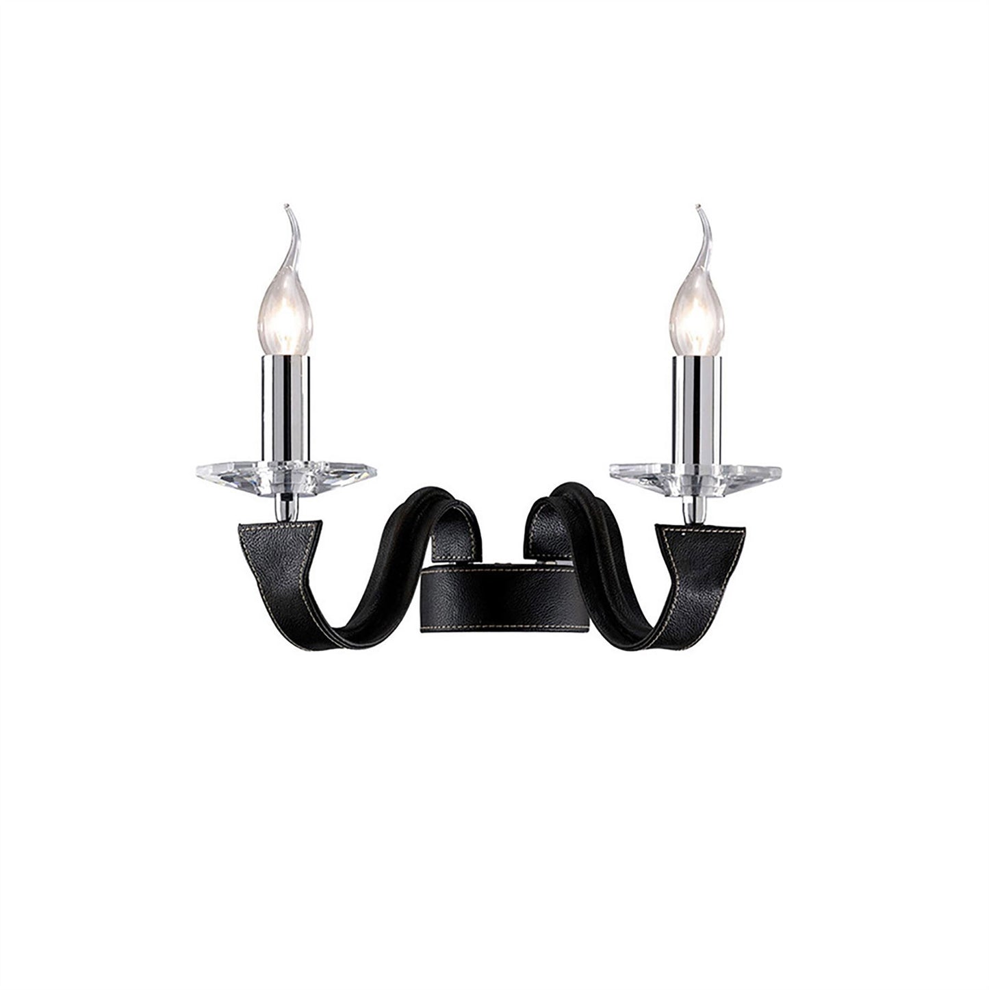 Diyas Nardini Wall Light 2 Light E14 Polished Chrome/Black Faux Leather/Crystal
