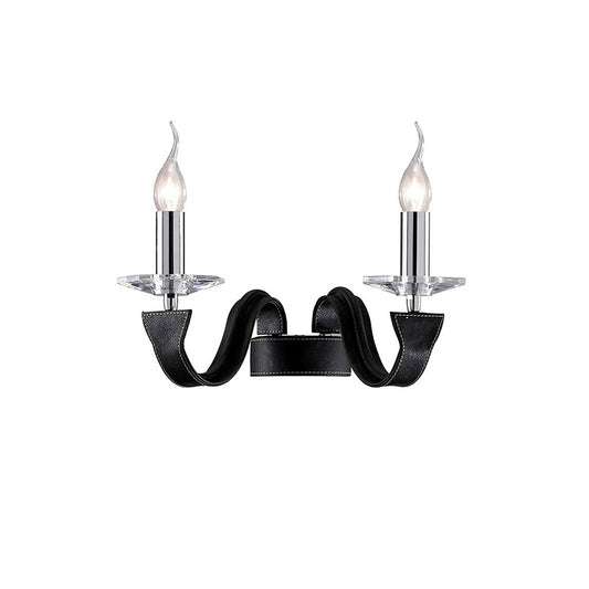 Diyas Nardini Wall Light 2 Light E14 Polished Chrome/Black Faux Leather/Crystal