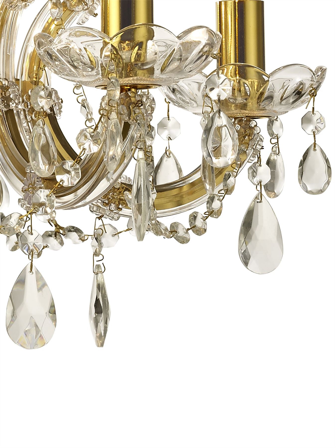 Deco Gabrielle Chandelier with Glass Sconce & Glass Crystal Droplets 5 Light E14 Polished Brass Finish
