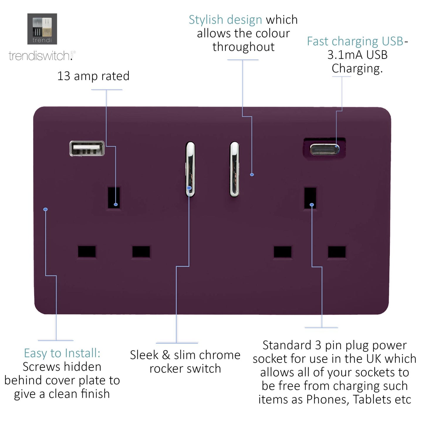 Trendi 2 Gang Artistic Modern Glossy 13 Amp 2 x Type A & C 3100mA USB Switched Plug Socket Plum Purple
