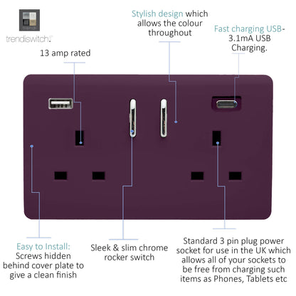 Trendi 2 Gang Artistic Modern Glossy 13 Amp 2 x Type A & C 3100mA USB Switched Plug Socket Plum Purple