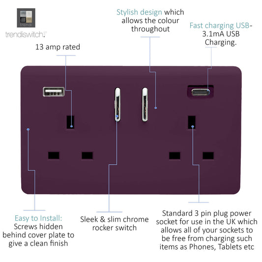 Trendi 2 Gang Artistic Modern Glossy 13 Amp 2 x Type A & C 3100mA USB Switched Plug Socket Plum Purple