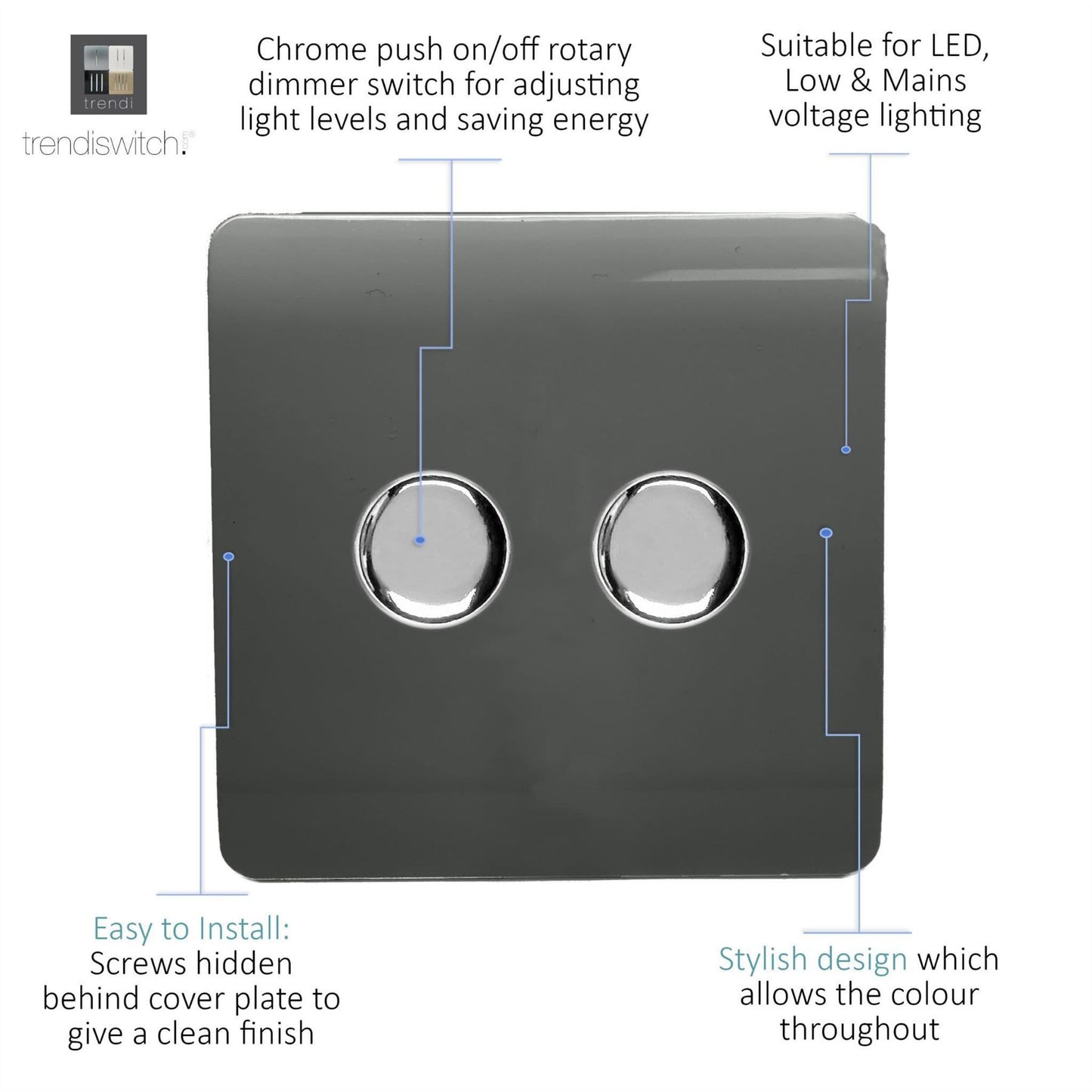 Trendi 2 Gang 2 Way 240V 100w LED Dimmer Screwless Raised Front Plate Plastic Artistic Modern Glossy 10 Amp Chrome Single Electrical Wall Light Switch in Charcoal - ART-2LDMCH