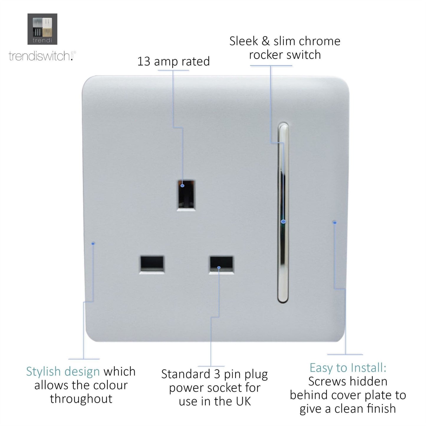 Trendi 1 Gang Artistic Modern 13 Amp Switched Plug Socket Silver ART-SKT13SI
