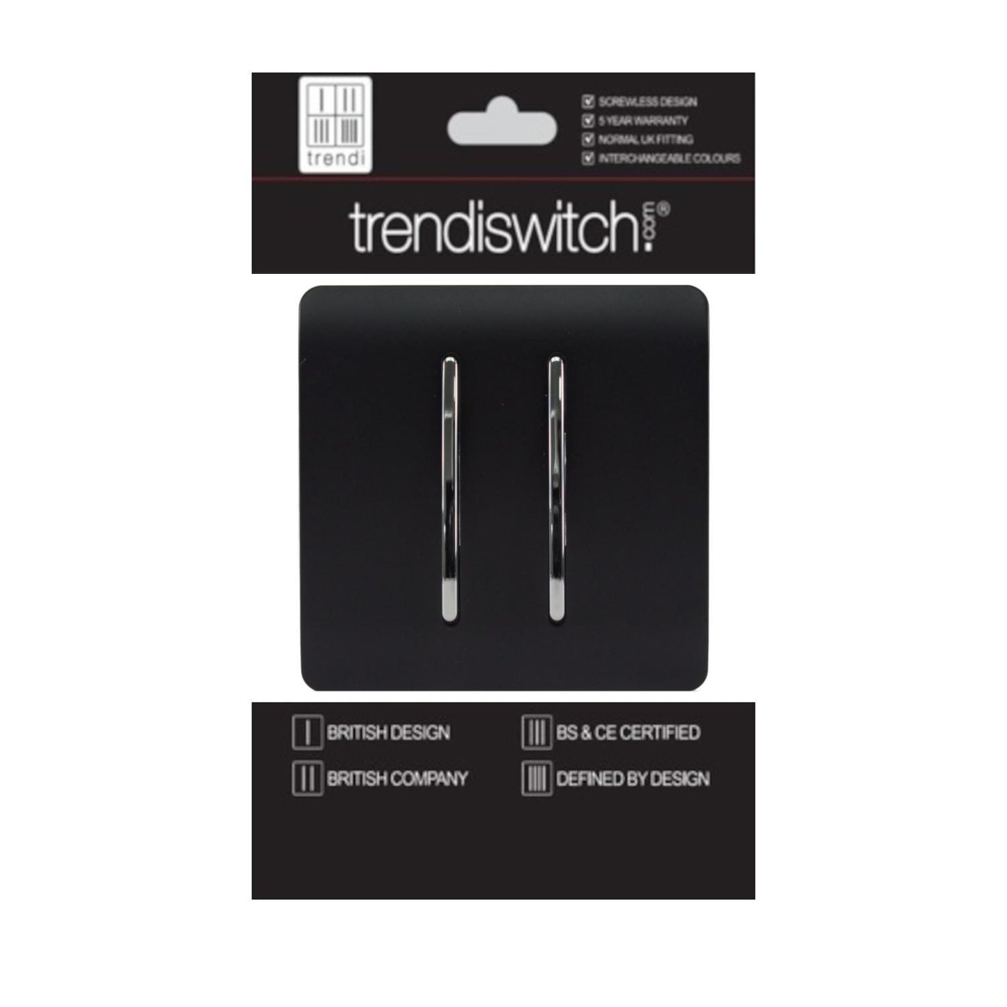 Trendi 2 Gang 2 Way 240V Screwless Artistic Modern Glossy 10 Amp Chrome Rocker Electrical Wall Light Switch in Matt Black (2 pack)