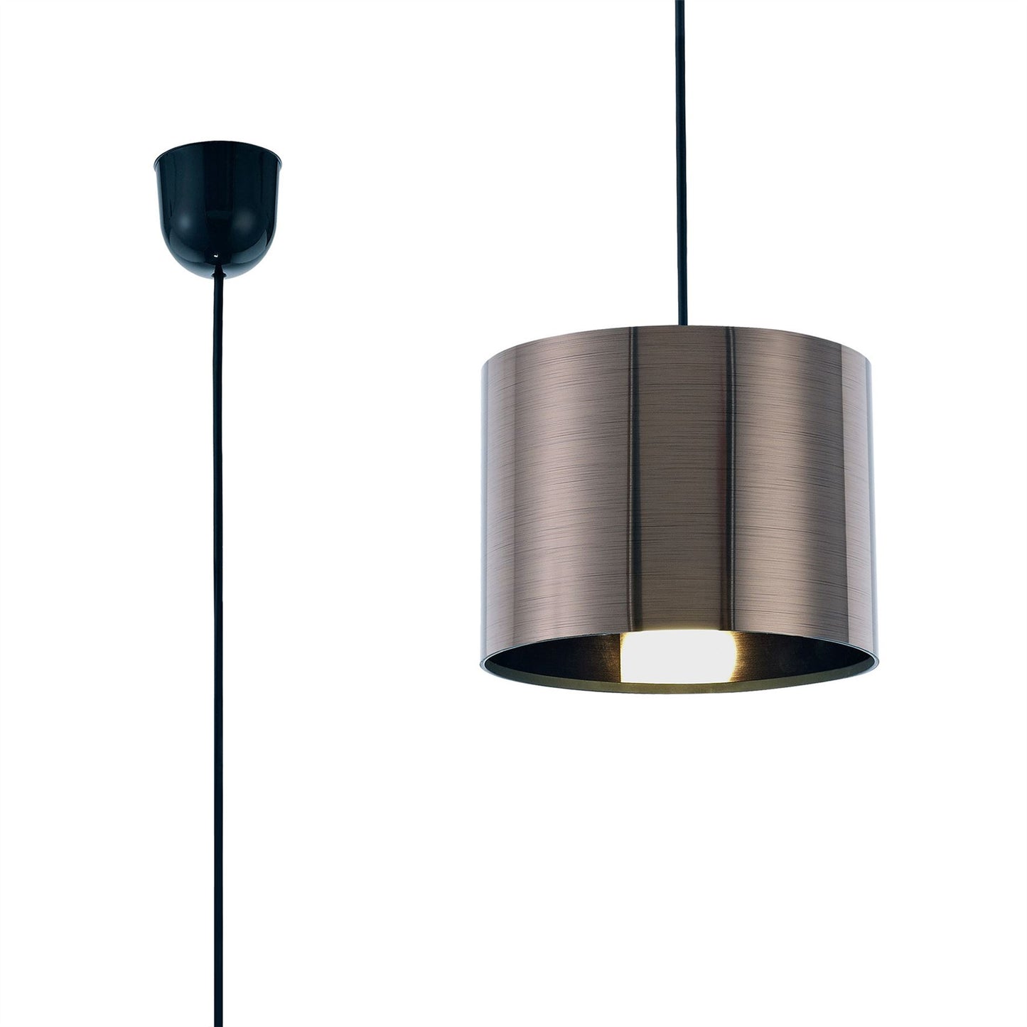 Deco Dako Black Pendant 1 Light E27 with 200 x 150mm Metallic Gun Metal Finish Cylinder Shade, c/w Ceiling Bracket