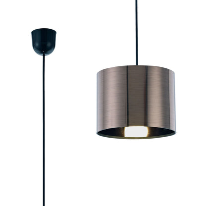 Deco Dako Black Pendant 1 Light E27 with 200 x 150mm Metallic Gun Metal Finish Cylinder Shade, c/w Ceiling Bracket