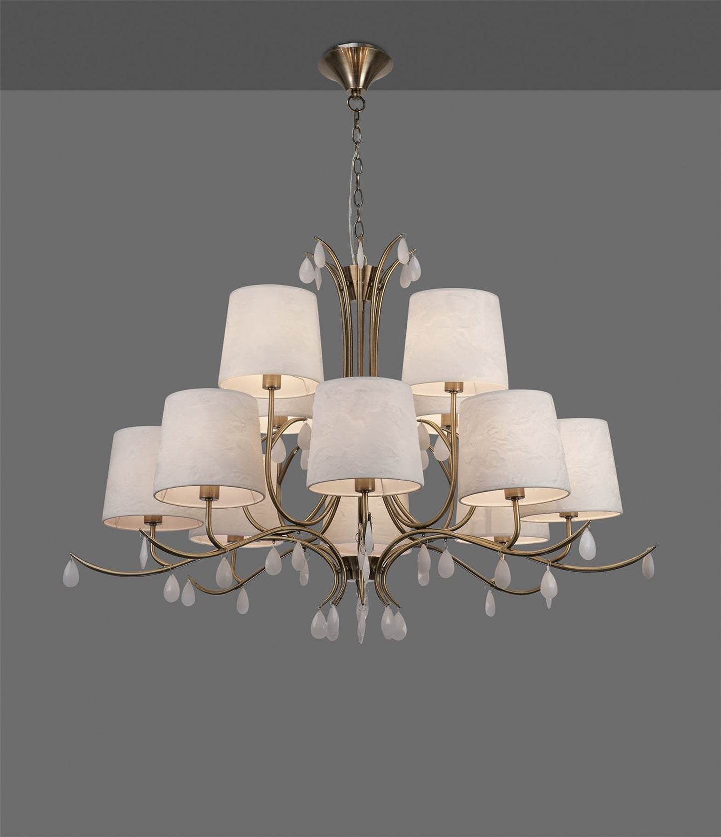 Mantra M6330 Andrea Pendant 100cm Round, 8+4 x E14 (Max 20W), Antique Brass, White Shades, White Crystal Droplets