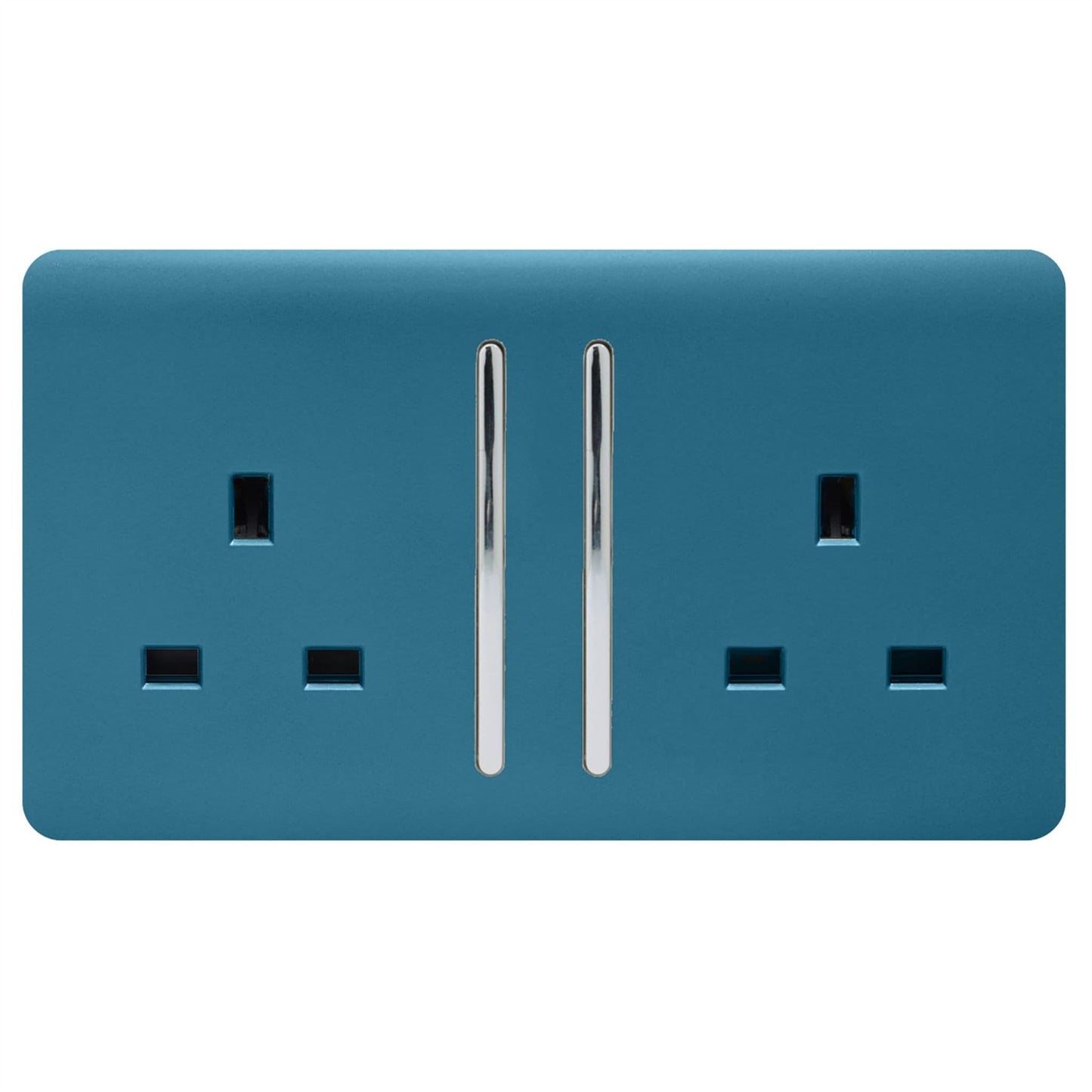 Trendi 2 Gang Raised Artistic Modern Glossy Screwless 13 Amp Single Pole with Chrome Switched UK Standard Electrical Double Wall Plug Socket in Ocean Blue - ART-SKT213LOB