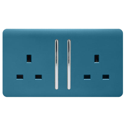 Trendi 2 Gang Raised Artistic Modern Glossy Screwless 13 Amp Single Pole with Chrome Switched UK Standard Electrical Double Wall Plug Socket in Ocean Blue - ART-SKT213LOB