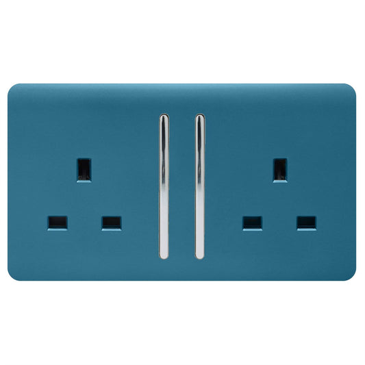 Trendi 2 Gang Raised Artistic Modern Glossy Screwless 13 Amp Single Pole with Chrome Switched UK Standard Electrical Double Wall Plug Socket in Ocean Blue - ART-SKT213LOB