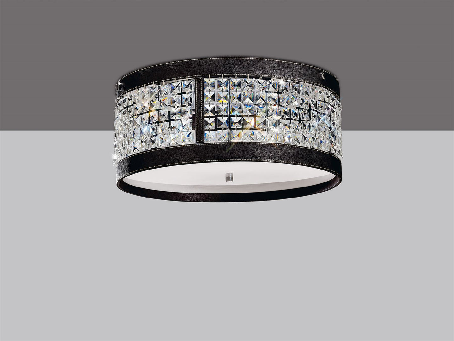 Diyas Celsa 45cm Flush  4 Light E14 Polished Chrome/Dark Brown Faux Leather/Crystal Ceiling Light Fitting