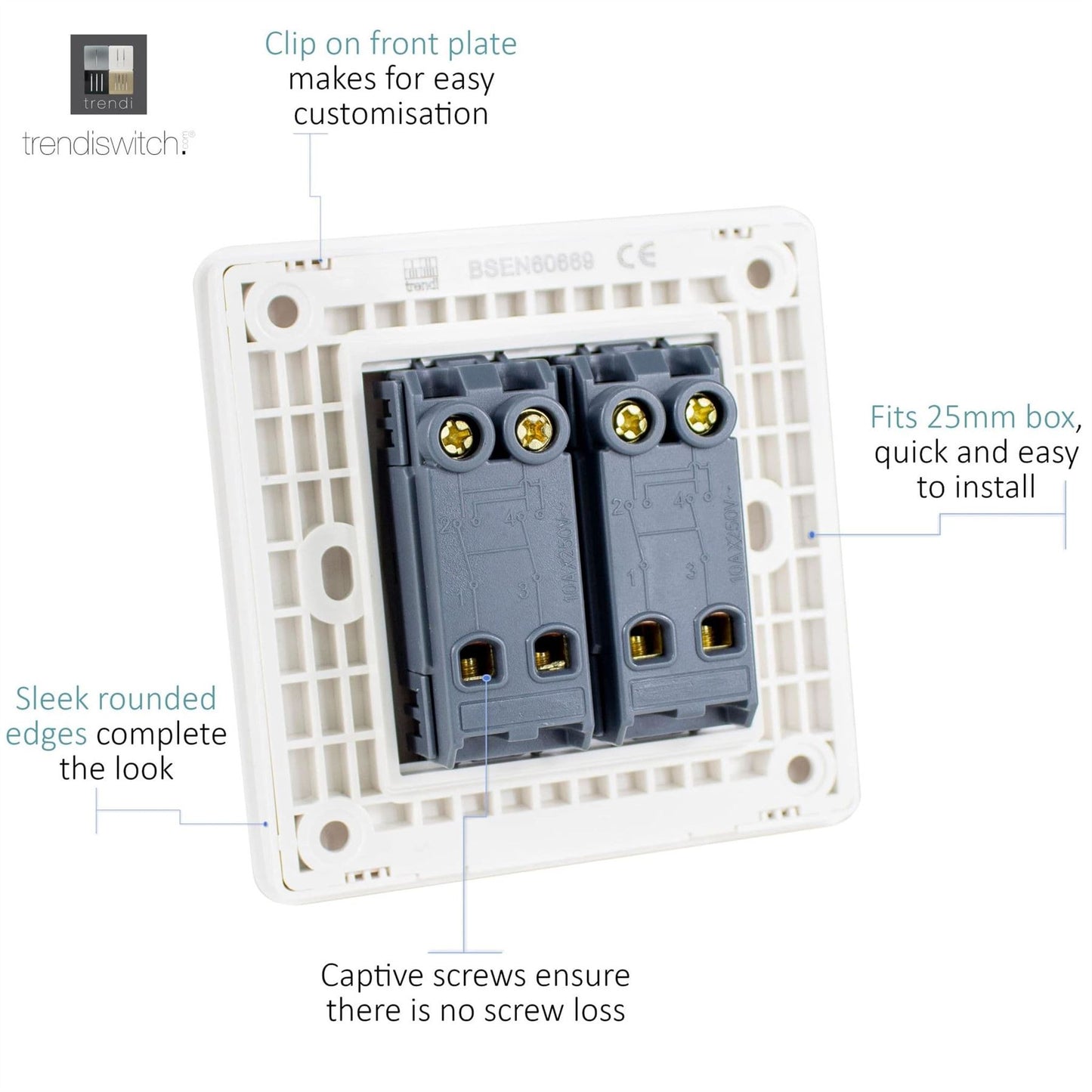 Trendi 2 Gang 3 Way Intermediate Artistic Modern Glossy 10 Amp Rocker Light Switch Piano Black