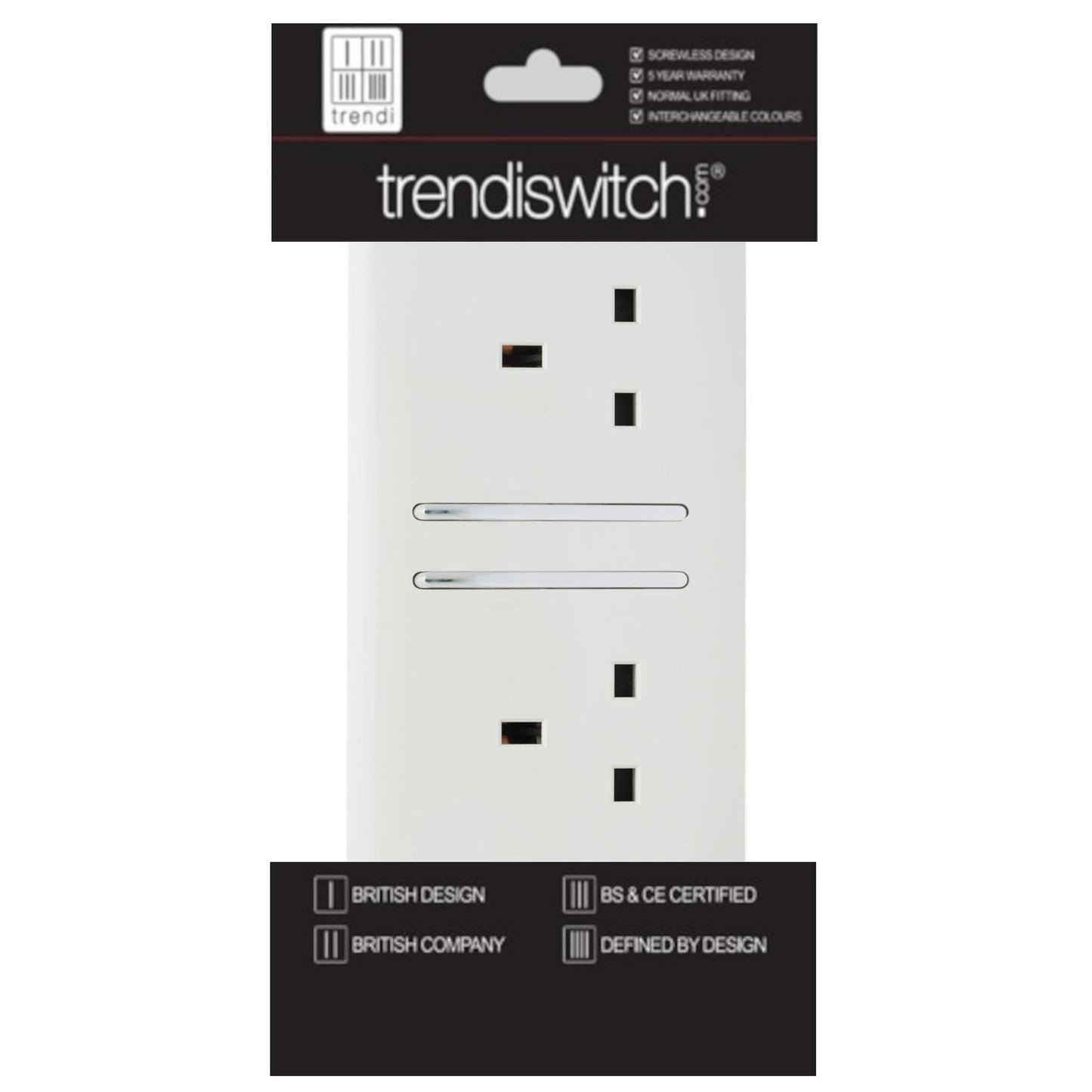 Trendi 2 Gang Artistic Modern Glossy 13 Amp Switched Plug Socket Ice White (7 Pack)