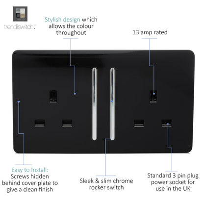 Trendi 2 Gang Artistic Modern Glossy 13 Amp Switched Plug Socket Piano Black (7 Pack)