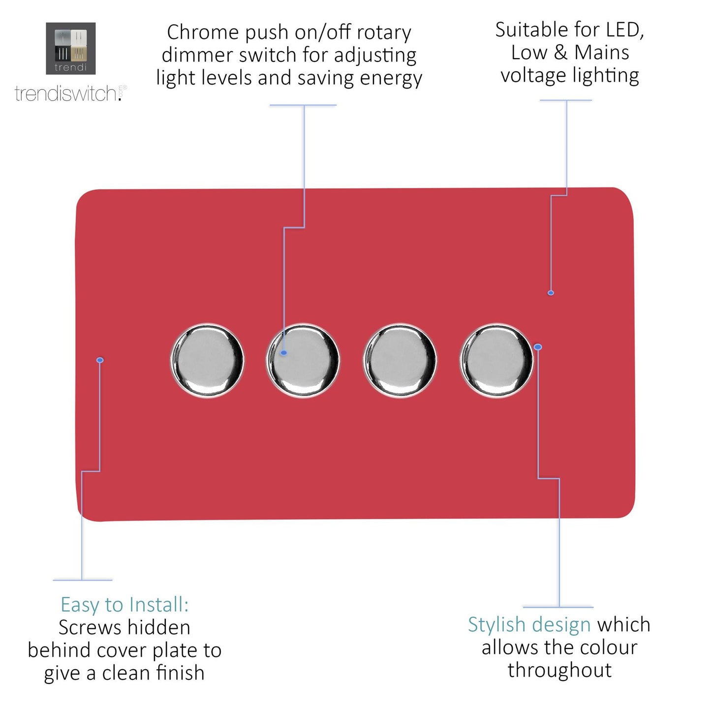 Trendi 4 Gang 2 Way 240V 100w LED Dimmer Screwless Raised Front Plate Plastic Artistic Modern Glossy 10 Amp Chrome Single Electrical Wall Light Switch in Strawberry - ART-4LDMSB