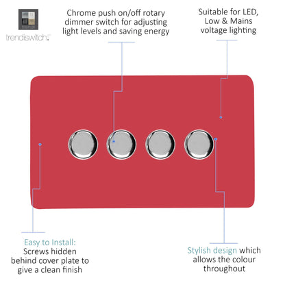 Trendi 4 Gang 2 Way 240V 100w LED Dimmer Screwless Raised Front Plate Plastic Artistic Modern Glossy 10 Amp Chrome Single Electrical Wall Light Switch in Strawberry - ART-4LDMSB