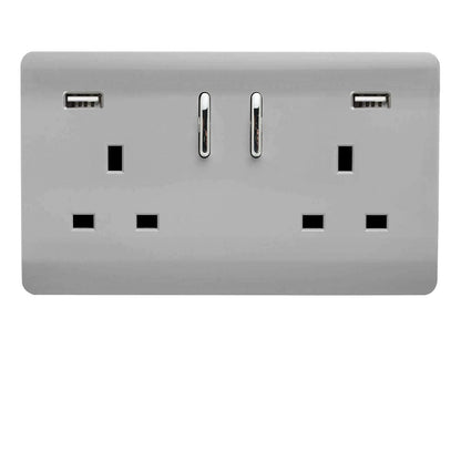 Trendi 2 Gang Artistic Modern Glossy 13 Amp 2 x 3.1mA USB Switched Plug Socket Steel
