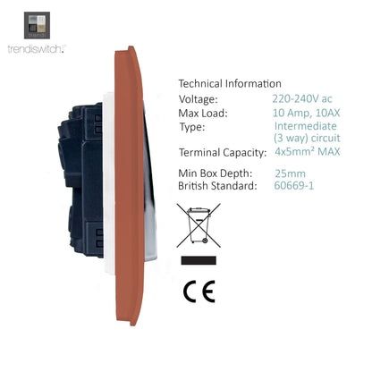 Trendi 2 Gang (2 Way & 3 way Intermediate) 240V Screwless Raised Front Plate Plastic Artistic Modern Glossy 10 Amp Chrome Rocker Double Electrical Wall Light Switch Copper - ART-SS29CPR