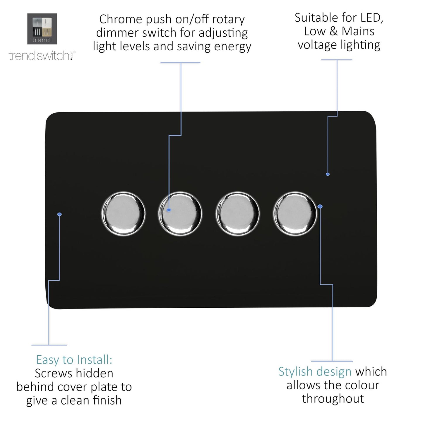 Trendi 4 Gang 2 Way 240V 100w LED Dimmer Screwless Raised Front Plate Plastic Artistic Modern Glossy 10 Amp Chrome Single Electrical Wall Light Switch in Matt Black - ART-4LDMMBK