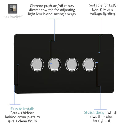 Trendi 4 Gang 2 Way 240V 100w LED Dimmer Screwless Raised Front Plate Plastic Artistic Modern Glossy 10 Amp Chrome Single Electrical Wall Light Switch in Matt Black - ART-4LDMMBK