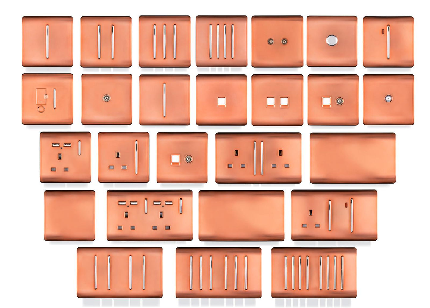 Trendi 2 Gang Artistic Modern Glossy 13 Amp Switched Tactile Plug Socket Copper (5 Pack)