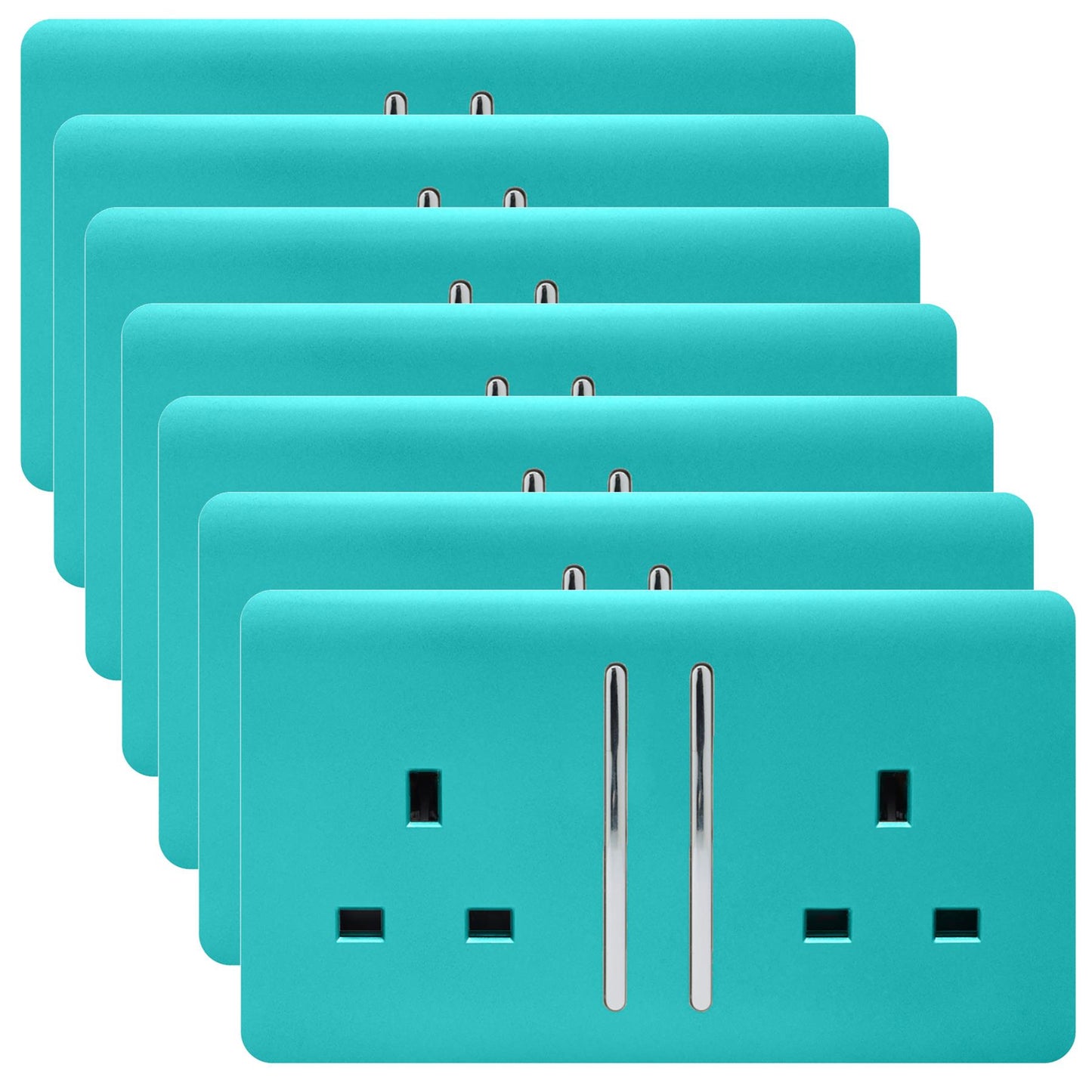 Trendi 2 Gang Artistic Modern Glossy 13 Amp Switched Plug Socket Bright Teal (7 Pack)